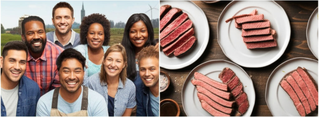 A split screen image.  One side shows a diverse group of people of different ages and ethnicities smiling,  with various backgrounds subtly visible (e.g., a hint of a farm, a city skyline, a natural landscape). The other side shows a variety of plates featuring both lab-grown and traditional steak, all identical in appearance and presentation.