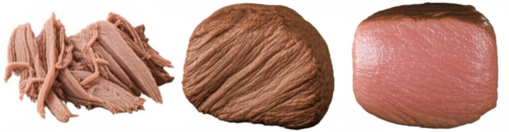 A close-up shot of three identical-sized pieces of meat: one visibly tender and almost falling apart, one exhibiting a firm, chewy texture, and one showing a slightly glistening surface suggesting a smooth, lubricated mouthfeel.