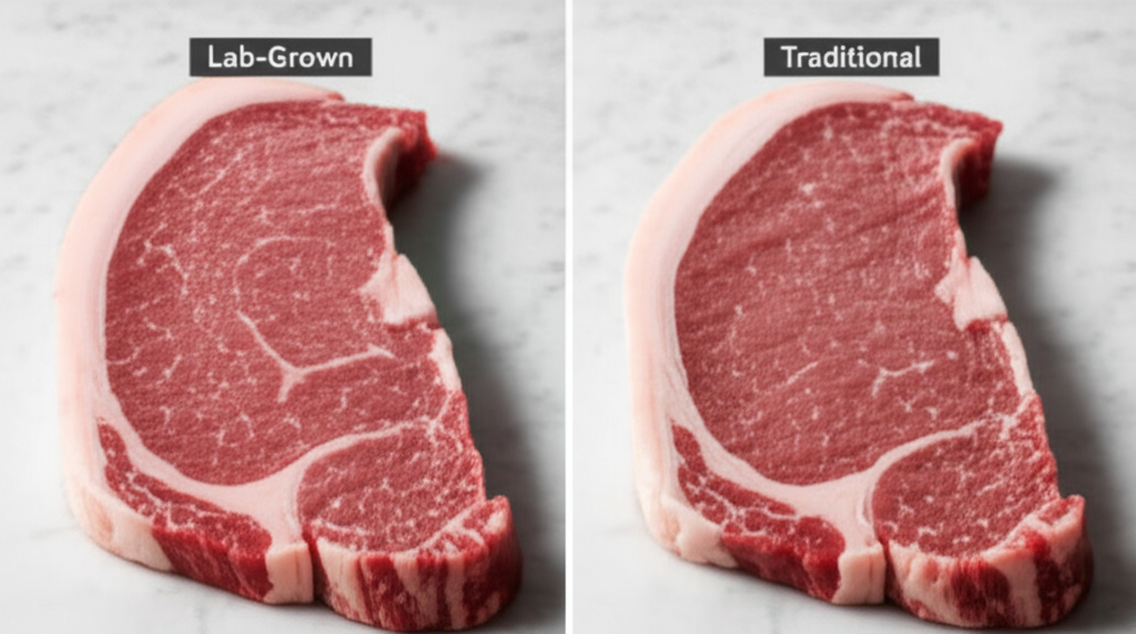 A side-by-side comparison of two identical steak slices, one clearly labeled 