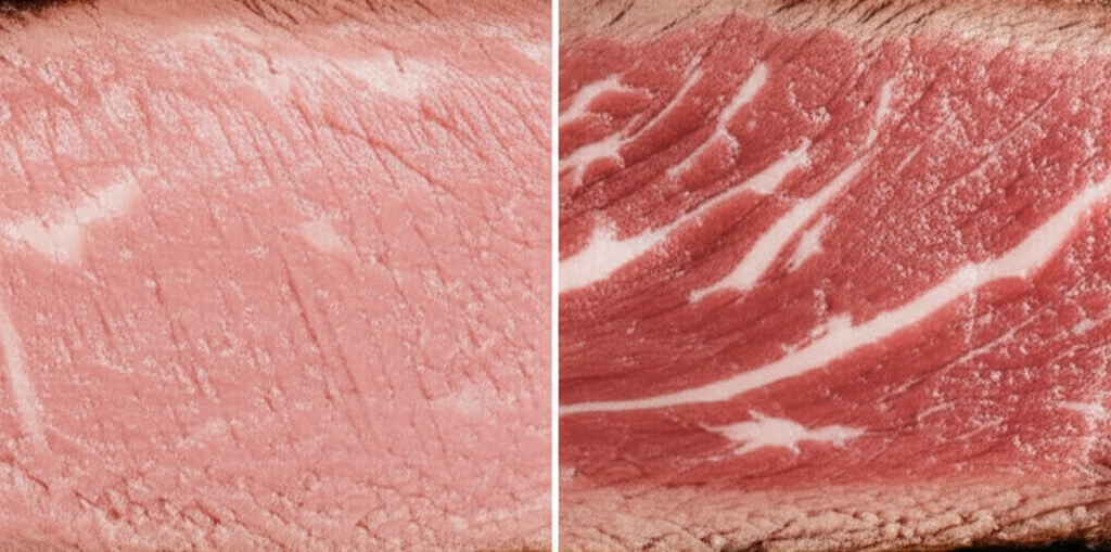 A close-up side-by-side comparison of a cross-section of a lab-grown steak and a cross-section of a traditionally raised steak, showcasing the visible difference in their internal moisture and texture.