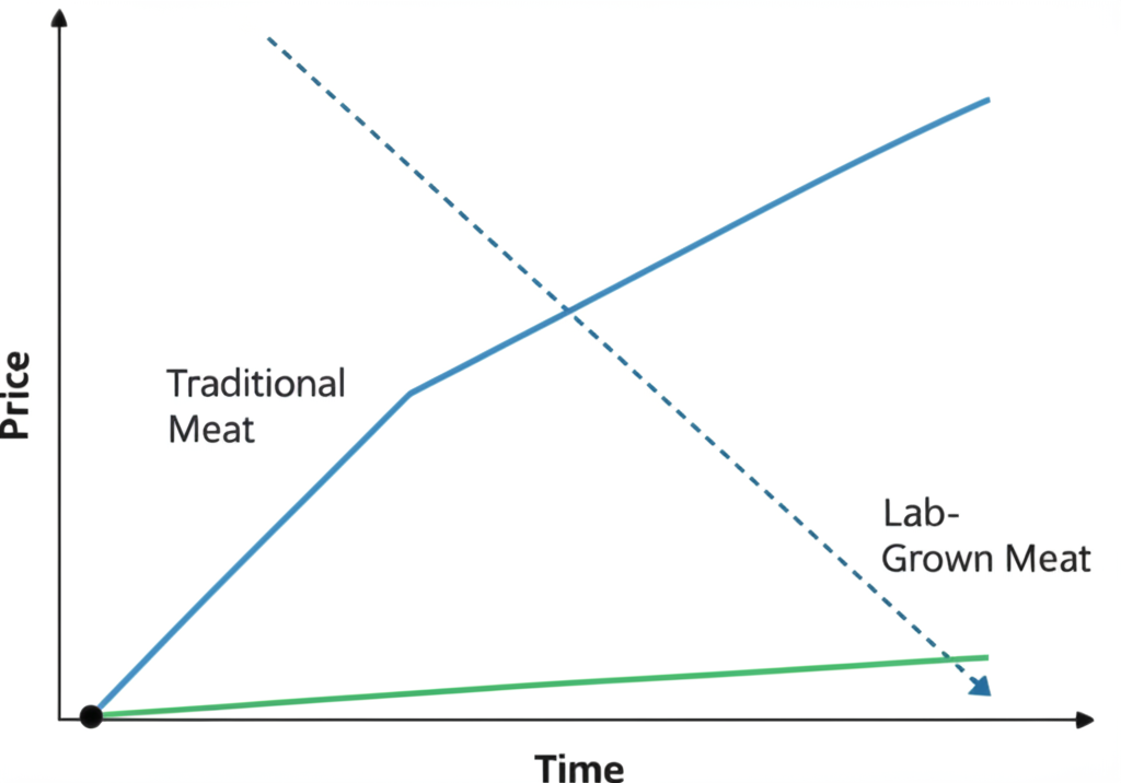A graph showing two diverging lines representing the price of lab-grown meat and traditional meat over time, with projected future price points indicated.