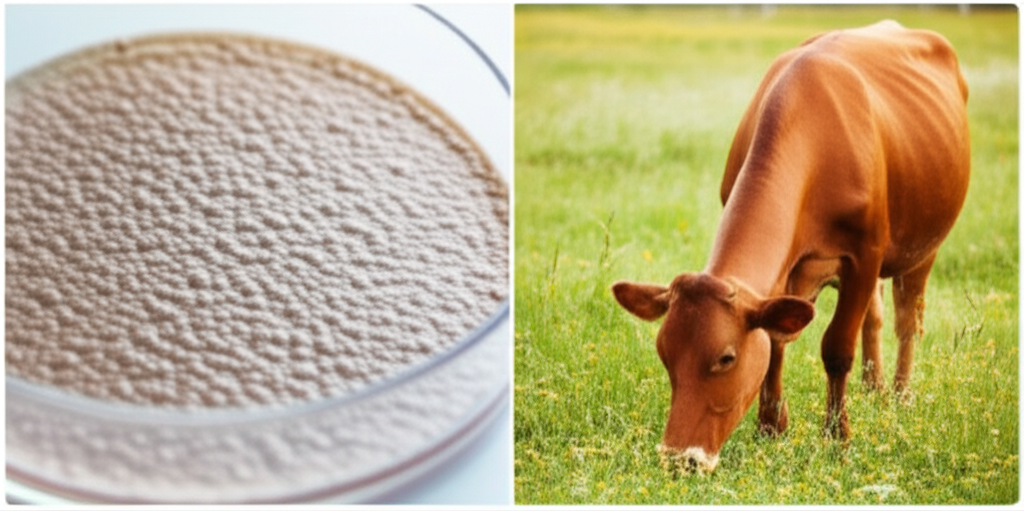 A split image: one side shows a petri dish with cultured meat cells visibly growing; the other side shows a traditional cow grazing in a pasture.