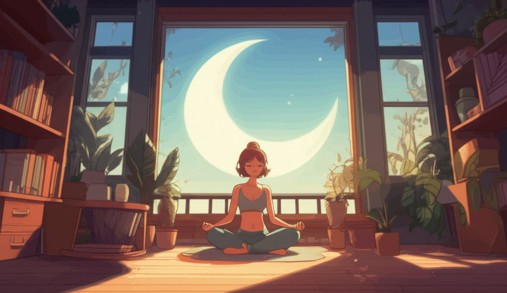 A stylized crescent moon, glowing softly, positioned above a woman calmly meditating in a sun-drenched room, with plants visible nearby.