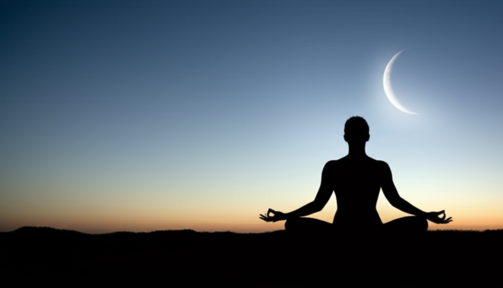 A crescent moon setting behind a silhouetted person meditating peacefully.