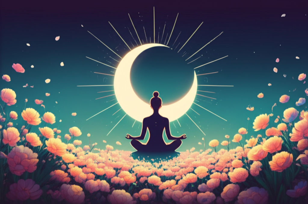 A stylized crescent moon, glowing softly, with radiating lines extending from it towards a person meditating peacefully, surrounded by blooming flowers.