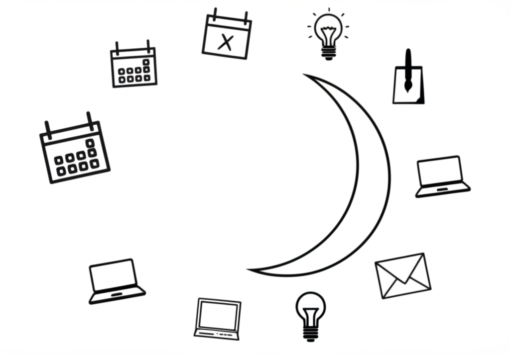 A stylized, minimalist illustration of a crescent moon with eight evenly spaced project icons (e.g., a calendar, a lightbulb, a paintbrush, a laptop, etc.) orbiting it.