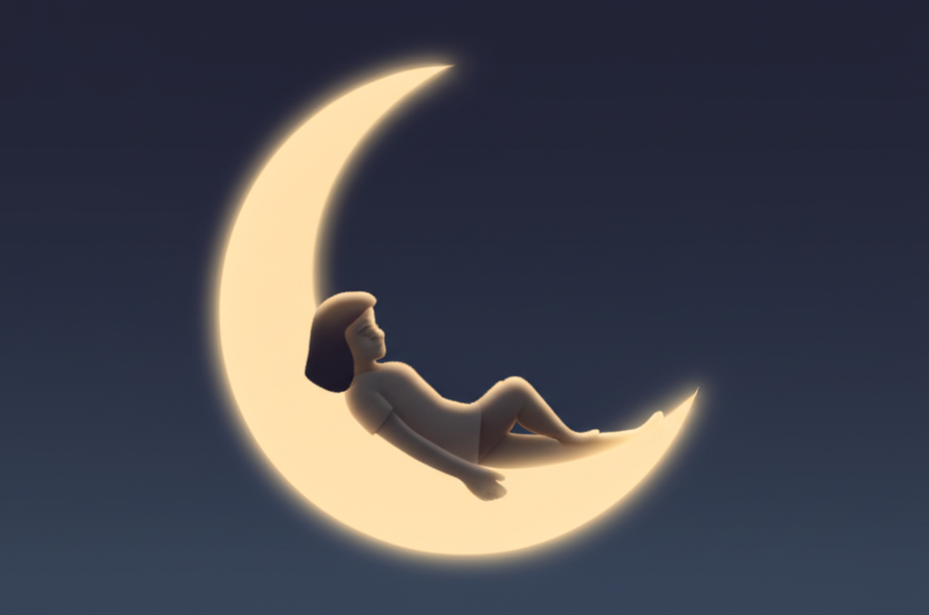 A stylized crescent moon with a gentle glow, partially overlaid by a serene, sleeping human figure.