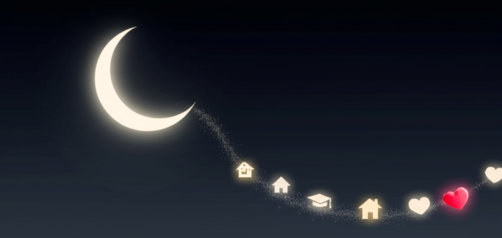 A stylized crescent moon, glowing softly, with a faint, ethereal trail of shimmering stardust extending from its points, leading to several small, brightly glowing icons representing different goals (e.g., a tiny house for home, a graduation cap for education, a heart for relationships).