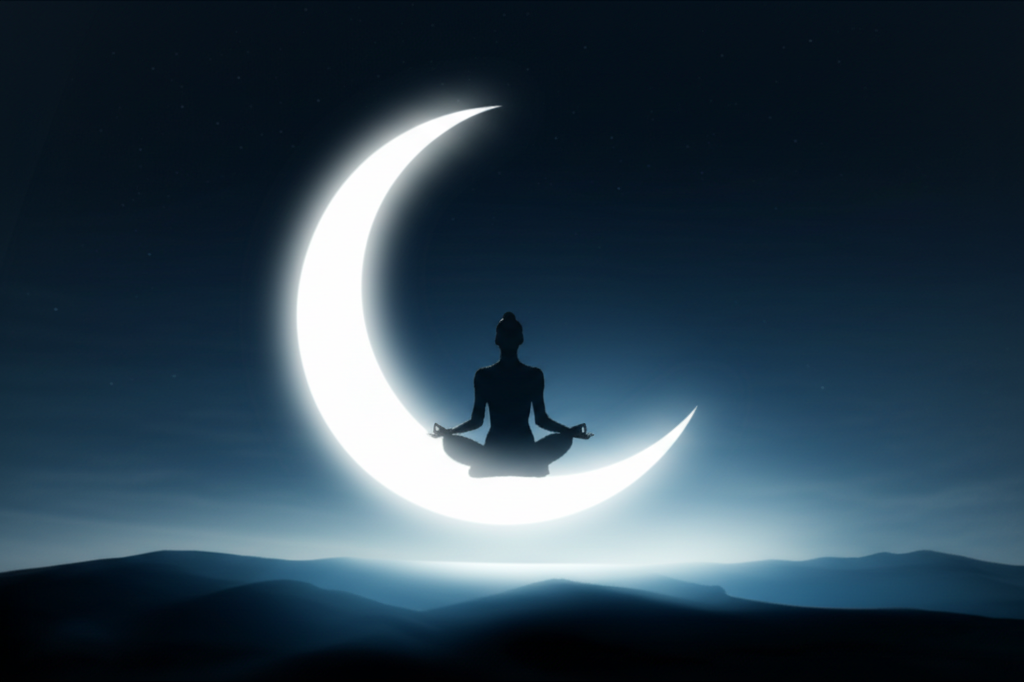 A stylized crescent moon with a woman peacefully meditating underneath it, bathed in soft moonlight.  Her posture suggests calm and relaxation.