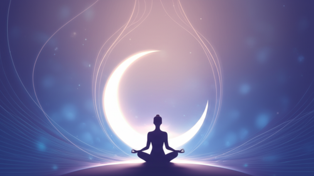 A stylized graphic showing a woman meditating peacefully under a large, glowing crescent moon, with subtle energy lines flowing from the moon to her.