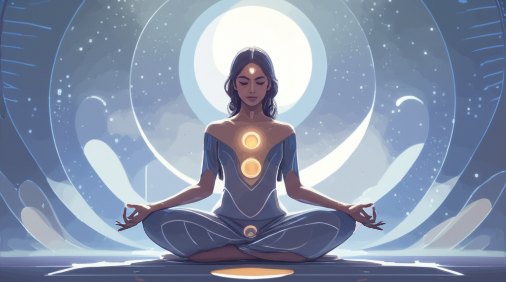 A stylized illustration of a woman meditating peacefully, bathed in soft moonlight, with subtle crescent moon shapes incorporated into the design of her clothing or surrounding environment.