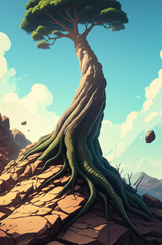 A stylized, upward-reaching tree with strong, thick roots firmly planted in the ground, growing through a rocky, challenging landscape towards a bright, clear sky.