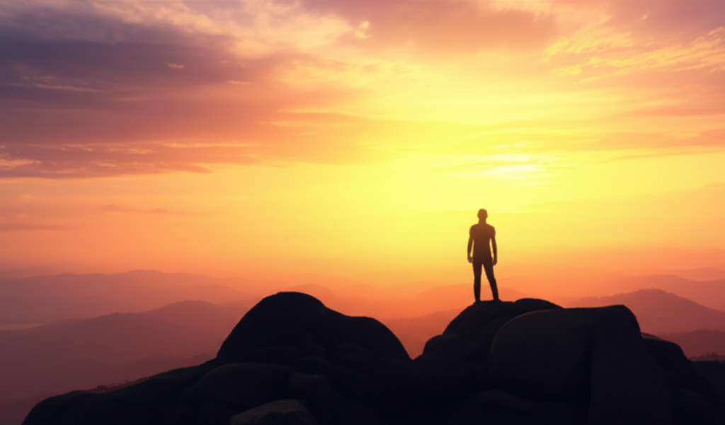 A person standing at the top of a mountain, looking out at a serene landscape.  The sun is setting, casting a warm glow.