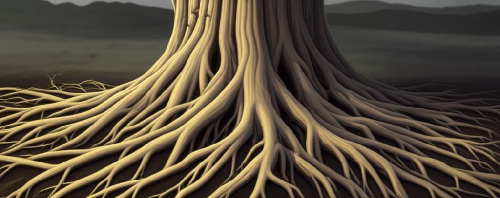 A stylized, interconnected network of strong, thick, upward-growing roots forming a robust tree trunk.