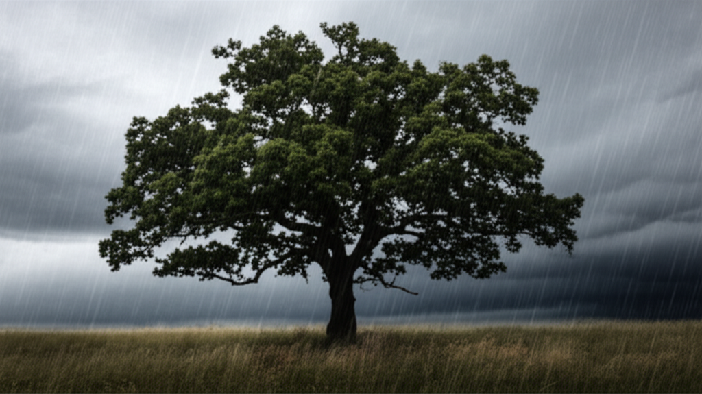 A single, strong oak tree standing resiliently amidst a powerful, but not destructive, storm.