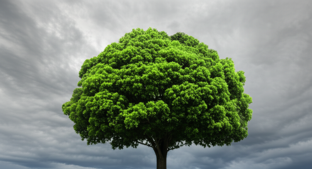 A single, strong tree with vibrant green leaves flourishing against a stormy, grey sky.