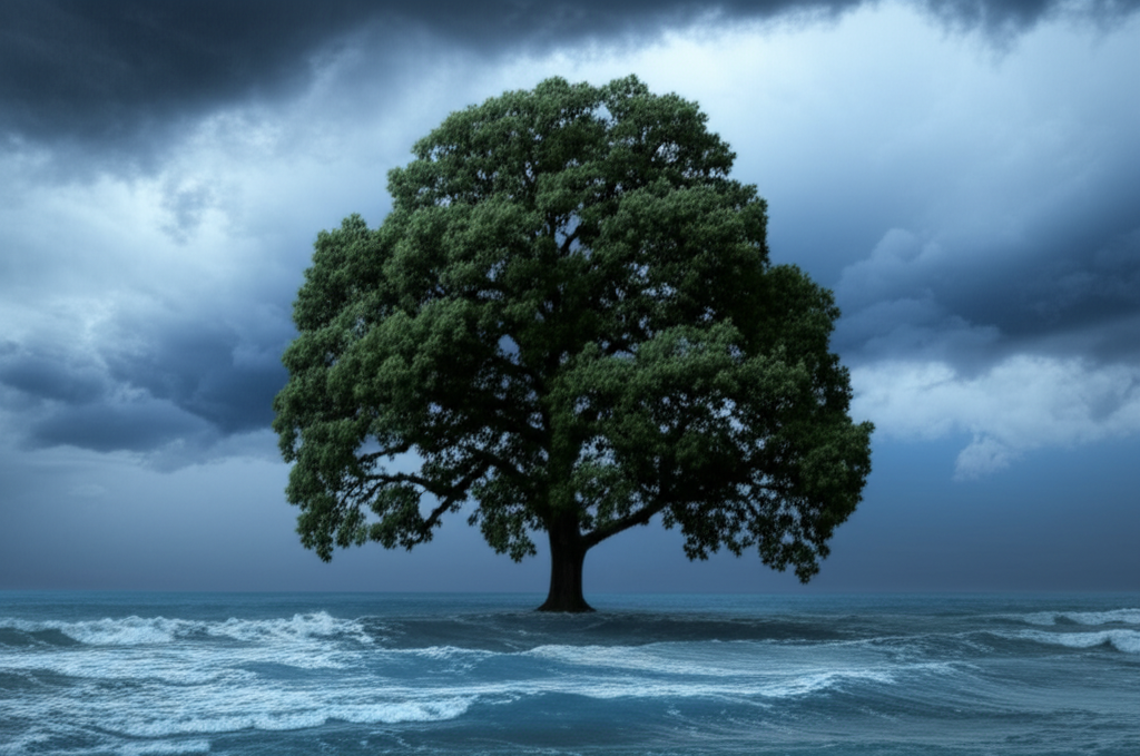 A single, strong oak tree standing resiliently amidst a stormy sea.