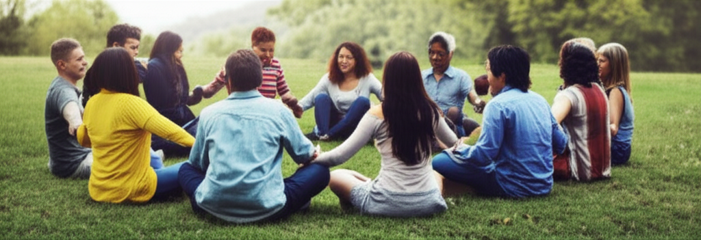 A diverse group of people of various ages and backgrounds sitting in a circle, all holding hands.