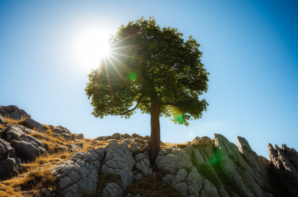 A single, strong tree growing steadily on a rocky, uneven hillside, with a clear, bright sun shining down.