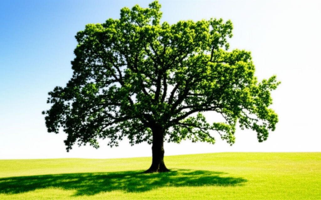 A single, strong oak tree standing peacefully amidst a gentle, sun-dappled meadow, with its roots firmly planted in the earth.