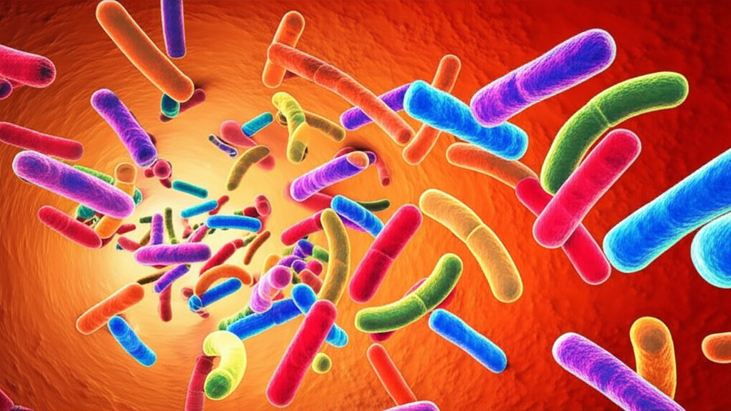 A vibrant, stylized close-up of healthy gut bacteria flourishing within the intestines, depicted as colorful, dynamic shapes thriving in a warm, glowing environment.