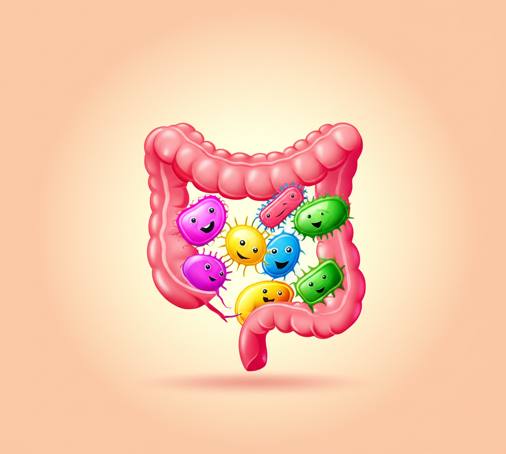 A vibrant, healthy-looking gut (stylized, not realistic) with diverse, colorful microorganisms happily thriving within it, radiating a soft glow.