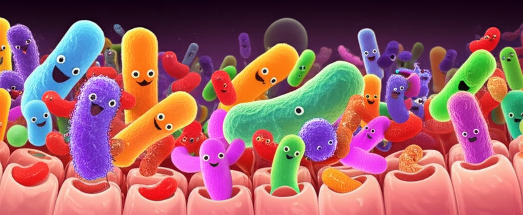 A stylized microscopic view of vibrant, diverse, and happy-looking gut bacteria interacting harmoniously amongst each other and with healthy intestinal lining cells.