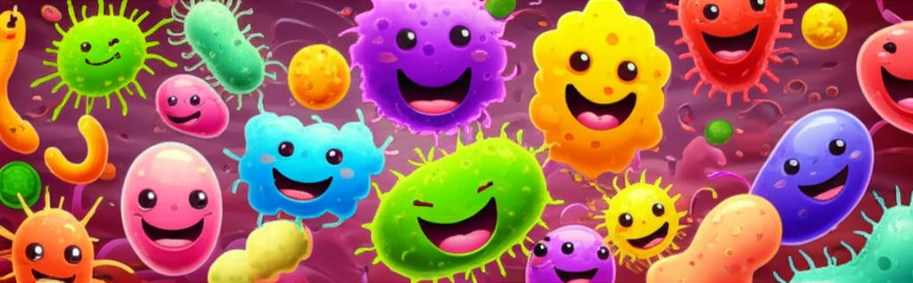 A vibrant, stylized close-up of diverse, healthy gut bacteria flourishing in a happy, colorful intestinal environment.  Think bright, playful colors and shapes.