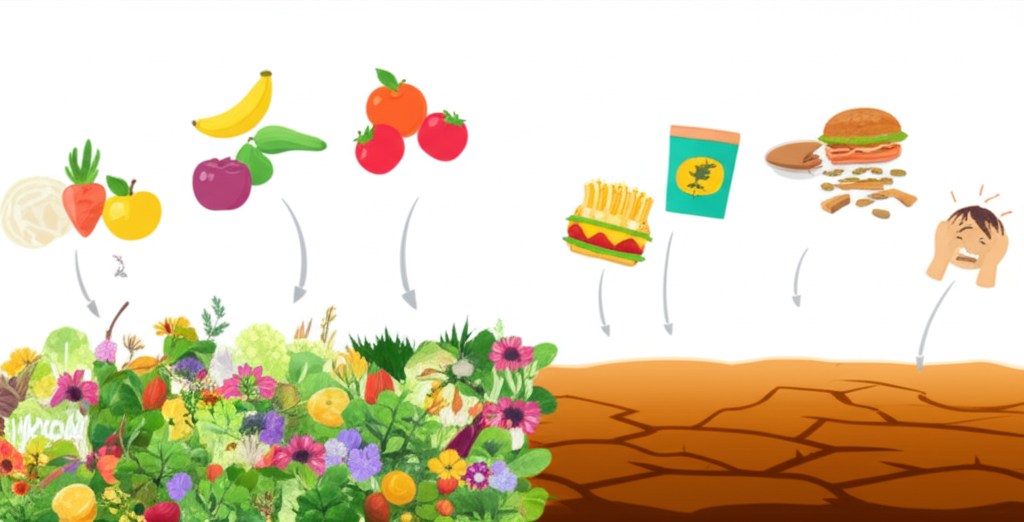 A stylized infographic showing a vibrant, diverse garden flourishing on one side, representing a healthy microbiome, contrasted with a barren, brown patch of earth on the other side, representing an unhealthy microbiome.  A clear visual link should be shown between lifestyle choices (e.g., healthy food, exercise, sleep) leading to the flourishing garden.  Conversely, unhealthy choices (e.g., processed food, lack of sleep, stress) should lead to the barren patch.