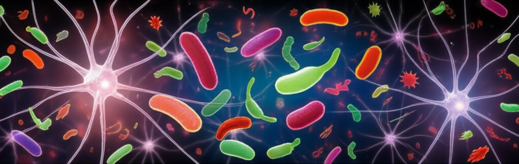 A stylized, interconnected network of glowing neurons and vibrant, diverse gut bacteria.