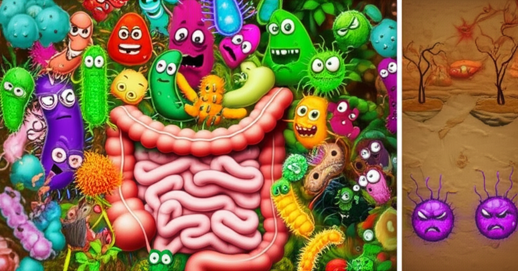 A vibrant, healthy-looking gut microbiome depicted as a lush, diverse garden teeming with beneficial bacteria represented as colorful, playful, friendly-looking characters interacting positively.  In stark contrast, a small, withered section of the garden shows unhealthy, unfriendly-looking bacteria.