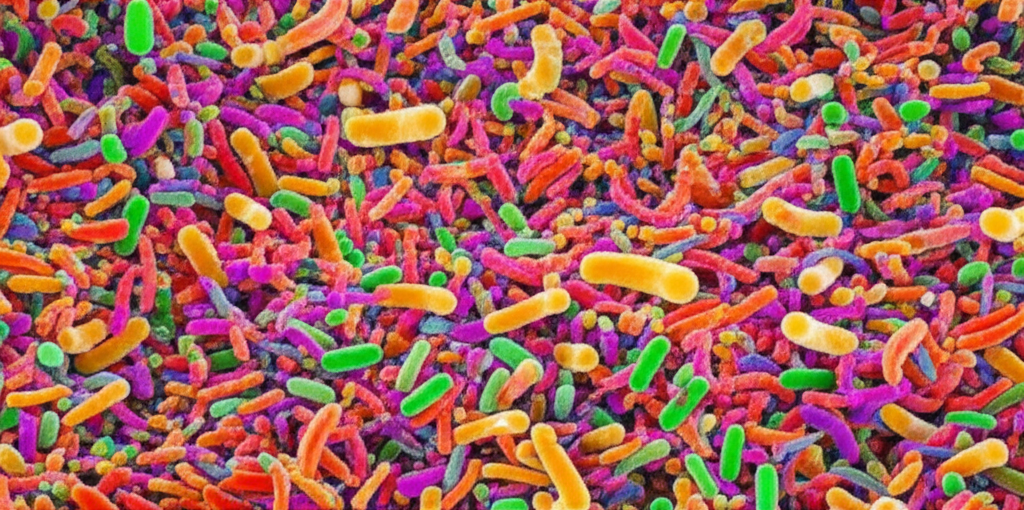 A vibrant, colorful microscopic view of diverse gut bacteria flourishing amongst strands of fiber.