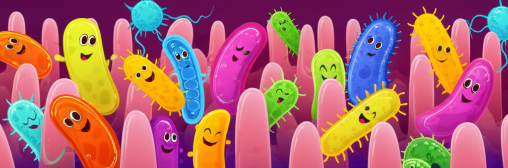 A vibrant, stylized illustration of a healthy human gut filled with diverse, colorful, happy-looking bacteria flourishing among intestinal villi.